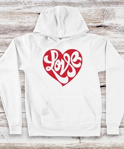 Valentine's Day Heart Love Sweatshirt, Unisex Fit White Hoodie With Red Screenprinted Heart Design