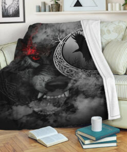 Viking Blanket Angry Moon Wolf Sherpa Fleece Blanket Gifts for Viking Lovers