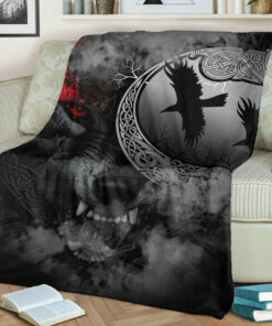 Viking Blanket Angry Moon Wolf Sherpa Fleece Blanket Gifts for Viking Lovers