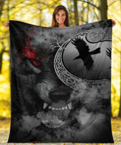 Viking Blanket Angry Moon Wolf Sherpa Fleece Blanket Gifts for Viking Lovers
