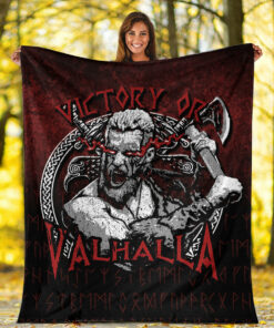 Viking Blanket Axe Warrior Raven Odin Thor Victory Or Valhalla Sherpa Fleece Blanket Gifts for Viking Lovers