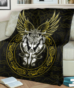 Viking Blanket Celtic Odin Sherpa Fleece Blanket Gifts for Viking Lovers Gold Version