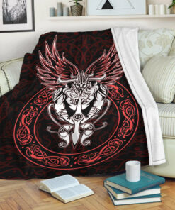 Viking Blanket Celtic Odin Sherpa Fleece Blanket Gifts for Viking Lovers Red Version