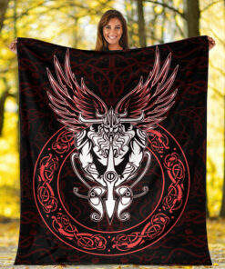 Viking Blanket Celtic Odin Sherpa Fleece Blanket Gifts for Viking Lovers Red Version