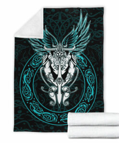 Viking Blanket Celtic Odin Sherpa Fleece Blanket Gifts for Viking Lovers Turquoise Version