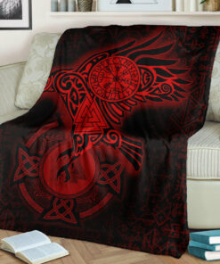 Viking Blanket Celtic Raven Red Viking Homeset Sherpa Fleece Blanket Gifts for Viking Lovers