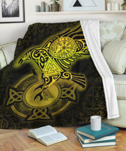 Viking Blanket Celtic Raven Special Yellow Viking Homeset Sherpa Fleece Blanket Gifts for Viking Lovers