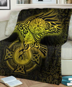 Viking Blanket Celtic Raven Special Yellow Viking Homeset Sherpa Fleece Blanket Gifts for Viking Lovers