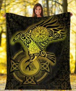 Viking Blanket Celtic Raven Special Yellow Viking Homeset Sherpa Fleece Blanket Gifts for Viking Lovers