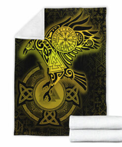 Viking Blanket Celtic Raven Special Yellow Viking Homeset Sherpa Fleece Blanket Gifts for Viking Lovers