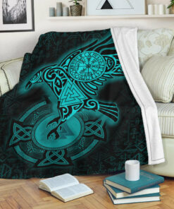 Viking Blanket Celtic Raven Turquoise Viking Homeset Sherpa Fleece Blanket Gifts for Viking Lovers