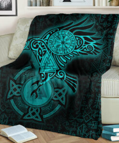Viking Blanket Celtic Raven Turquoise Viking Homeset Sherpa Fleece Blanket Gifts for Viking Lovers