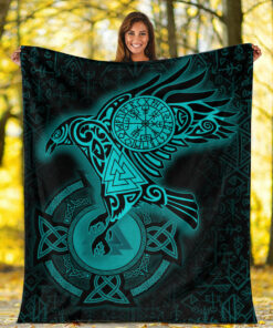 Viking Blanket Celtic Raven Turquoise Viking Homeset Sherpa Fleece Blanket Gifts for Viking Lovers