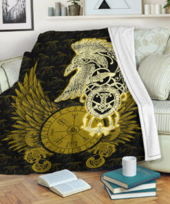 Viking Blanket Celtic Raven Viking Sherpa Fleece Blanket Gifts for Viking Lovers Gold Version