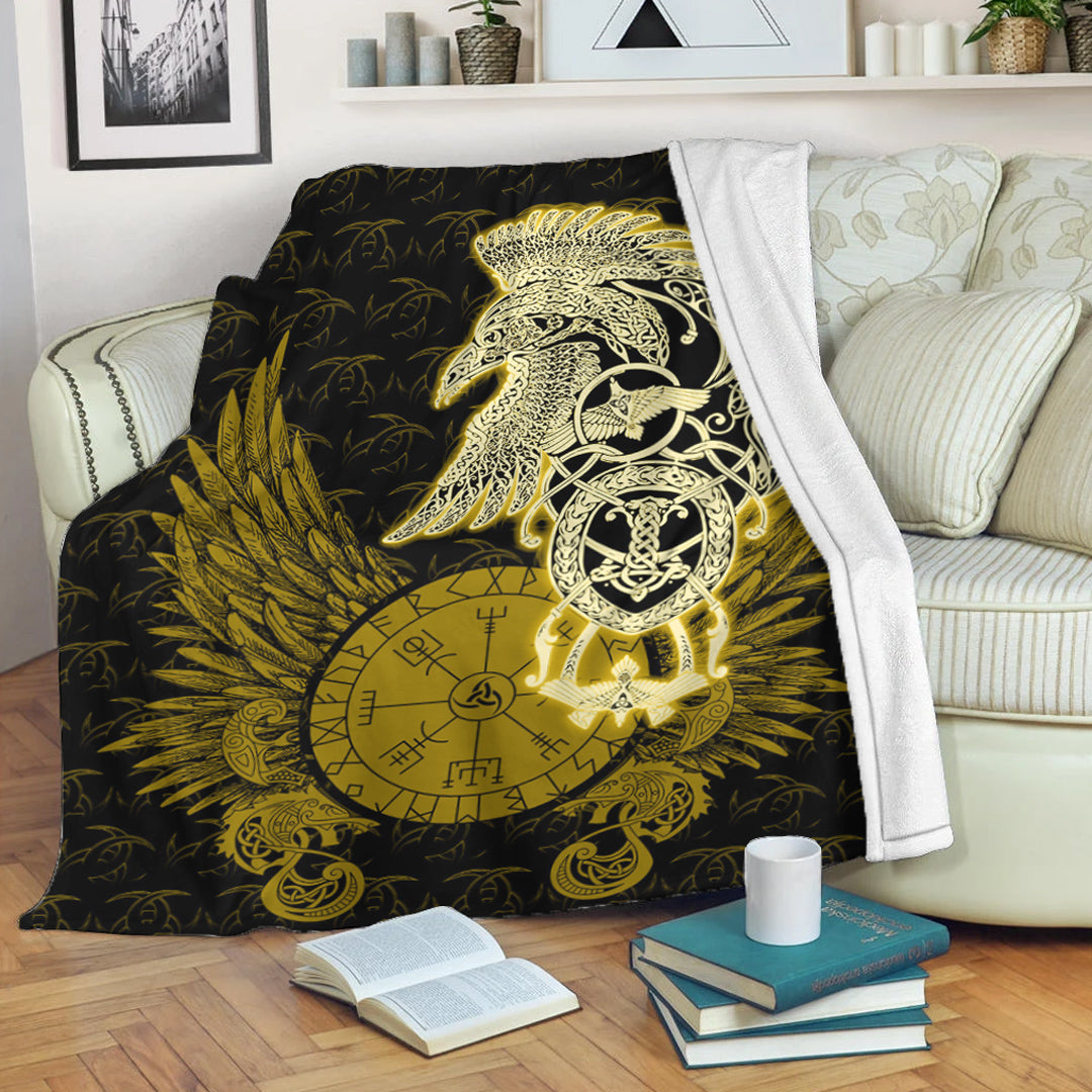 Viking Blanket Celtic Raven Viking Sherpa Fleece Blanket Gifts for Viking Lovers Gold Version
