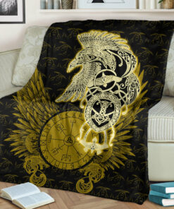 Viking Blanket Celtic Raven Viking Sherpa Fleece Blanket Gifts for Viking Lovers Gold Version