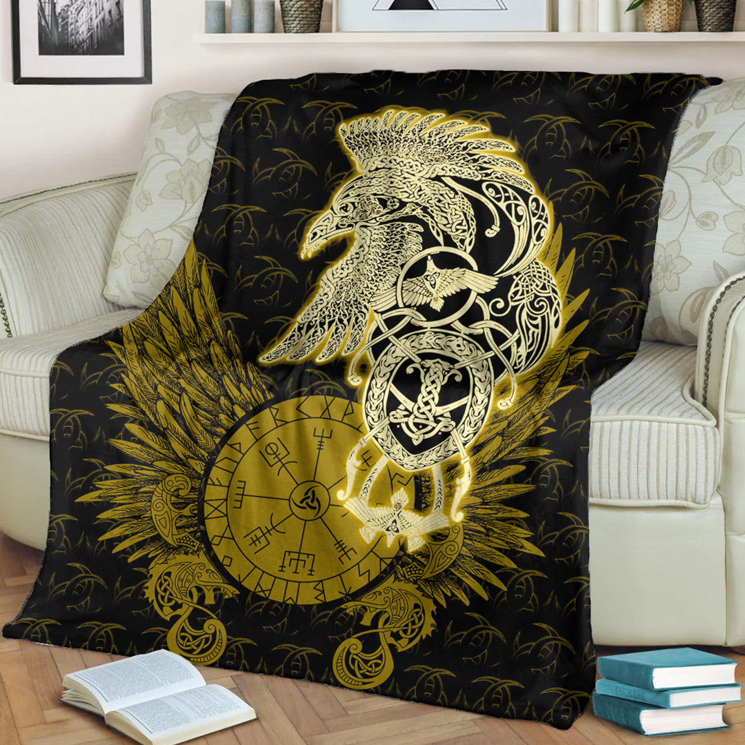 Viking Blanket Celtic Raven Viking Sherpa Fleece Blanket Gifts for Viking Lovers Gold Version