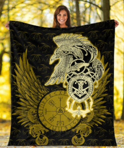 Viking Blanket Celtic Raven Viking Sherpa Fleece Blanket Gifts for Viking Lovers Gold Version