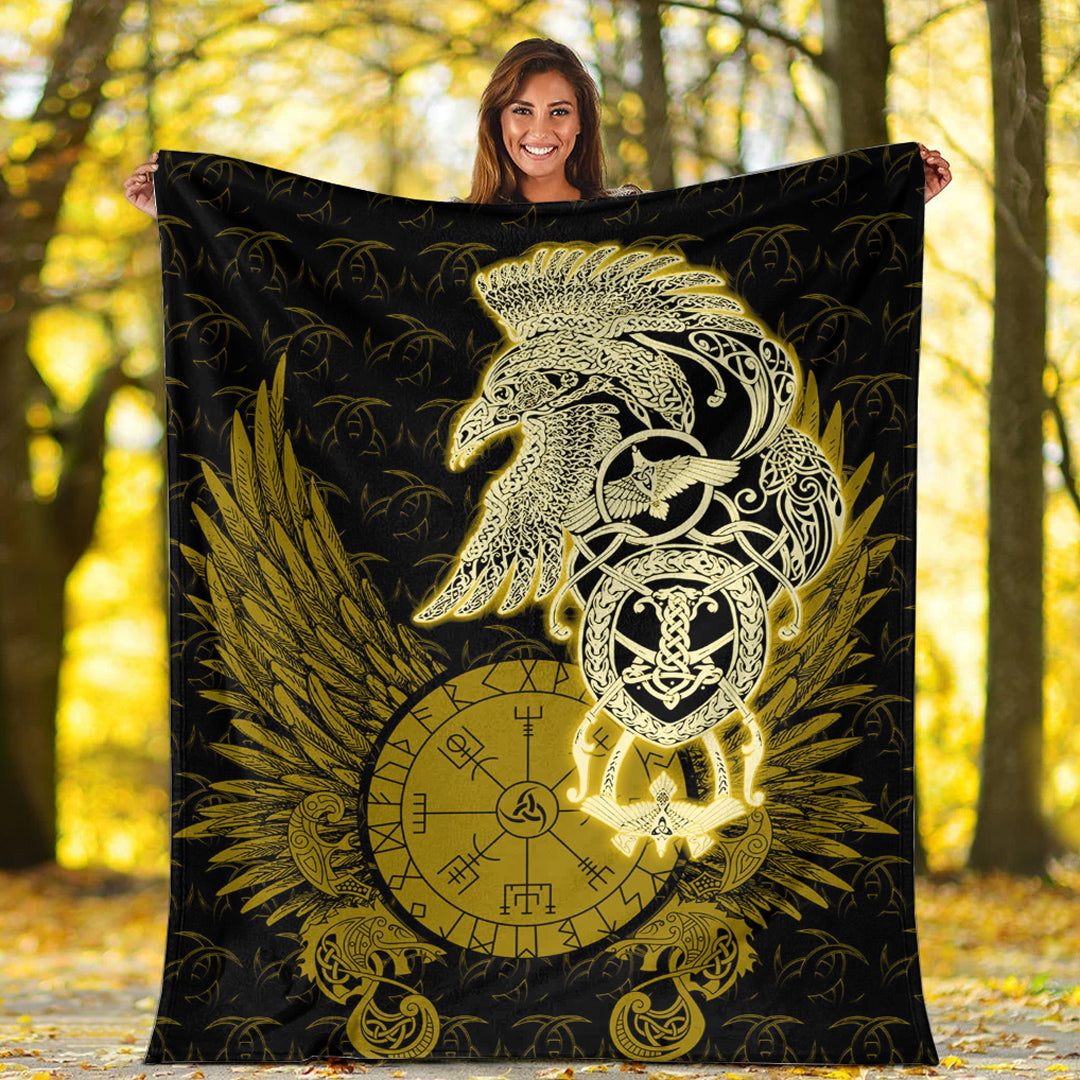 Viking Blanket Celtic Raven Viking Sherpa Fleece Blanket Gifts for Viking Lovers Gold Version
