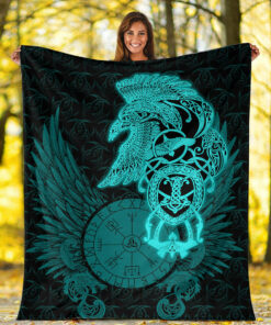 Viking Blanket Celtic Raven Viking Sherpa Fleece Blanket Gifts for Viking Lovers Turquoise Version