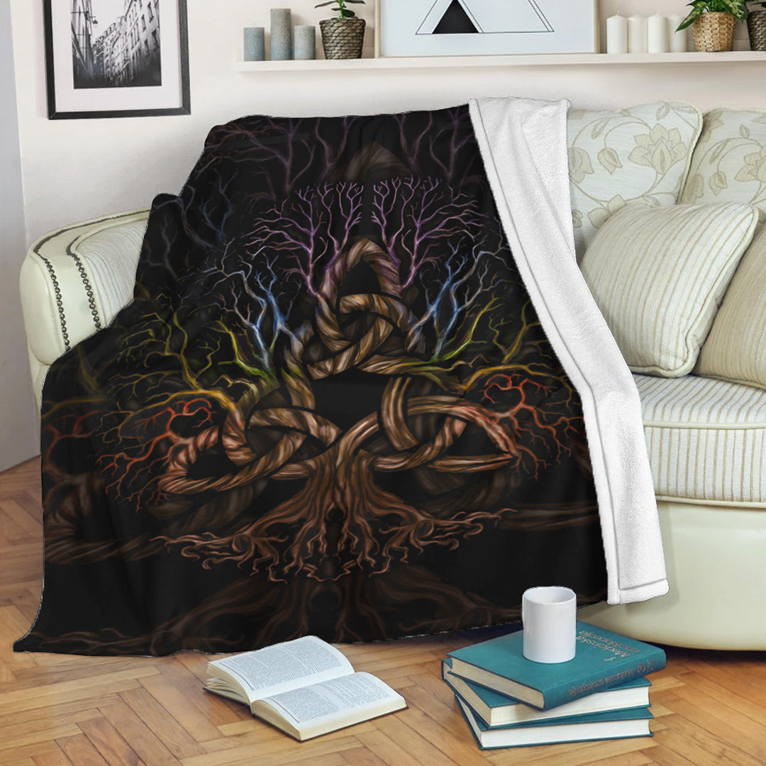 Viking Blanket Colorful Tree of Life With Triquetra Sherpa Fleece Blanket Gifts for Viking Lovers