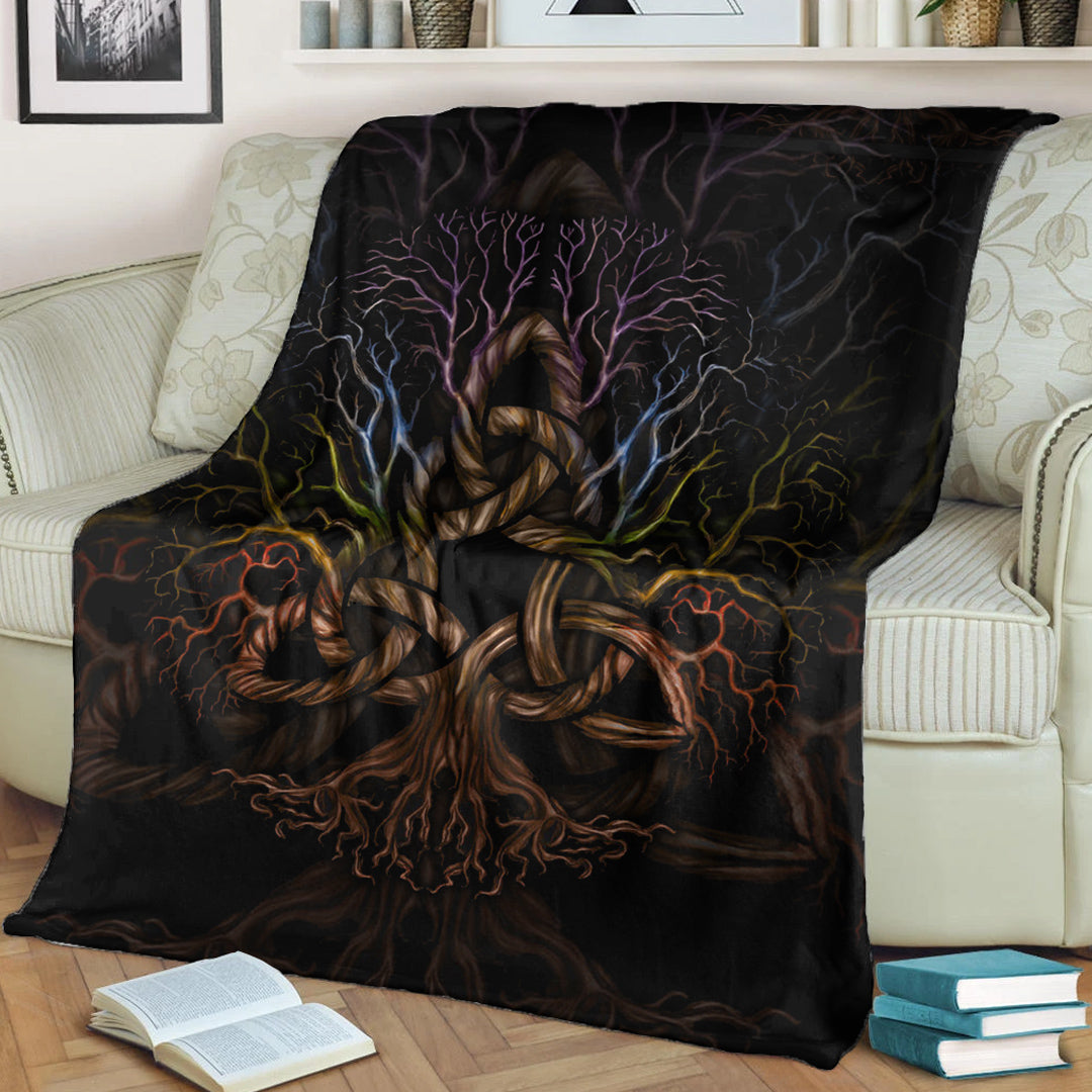 Viking Blanket Colorful Tree of Life With Triquetra Sherpa Fleece Blanket Gifts for Viking Lovers