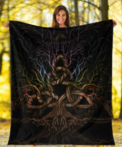 Viking Blanket Colorful Tree of Life With Triquetra Sherpa Fleece Blanket Gifts for Viking Lovers