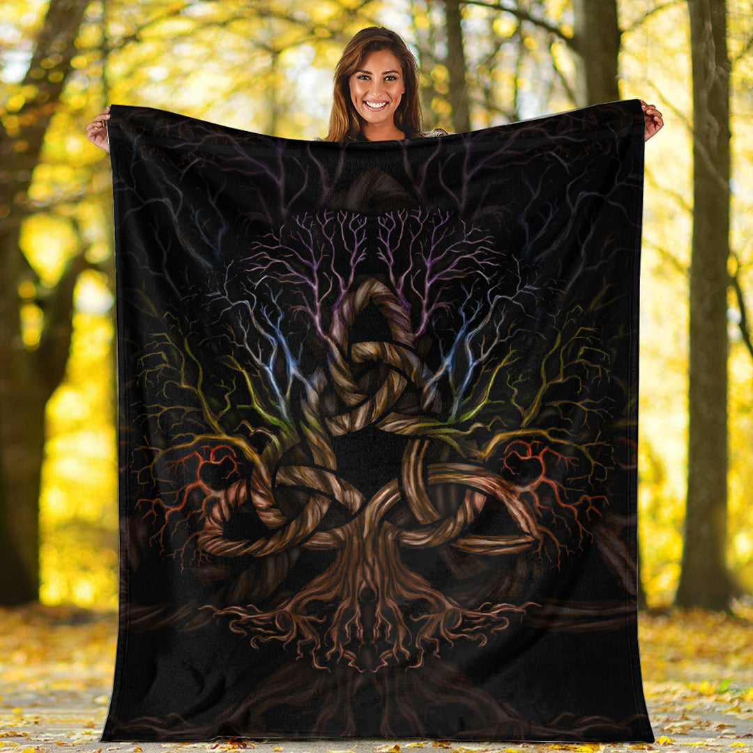 Viking Blanket Colorful Tree of Life With Triquetra Sherpa Fleece Blanket Gifts for Viking Lovers
