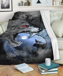 Viking Blanket Fenrir And Moon Sherpa Fleece Blanket Gifts for Viking Lovers