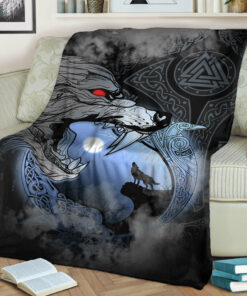 Viking Blanket Fenrir And Moon Sherpa Fleece Blanket Gifts for Viking Lovers