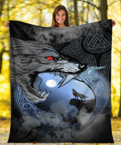 Viking Blanket Fenrir And Moon Sherpa Fleece Blanket Gifts for Viking Lovers