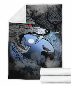 Viking Blanket Fenrir And Moon Sherpa Fleece Blanket Gifts for Viking Lovers