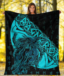 Viking Blanket Fenrir Ragnarok Cyan Sherpa Fleece Blanket Gifts for Viking Lovers