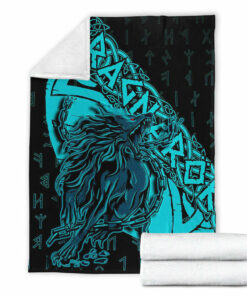 Viking Blanket Fenrir Ragnarok Cyan Sherpa Fleece Blanket Gifts for Viking Lovers