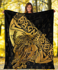 Viking Blanket Fenrir Ragnarok Gold Sherpa Fleece Blanket Gifts for Viking Lovers