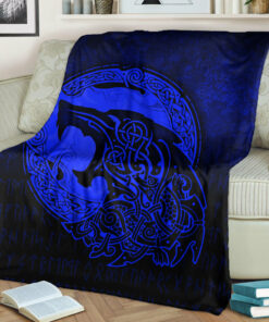 Viking Blanket Fenrir Viking 3D Tattoo Blue Version Sherpa Fleece Blanket Gifts for Viking Lovers