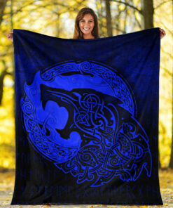 Viking Blanket Fenrir Viking 3D Tattoo Blue Version Sherpa Fleece Blanket Gifts for Viking Lovers