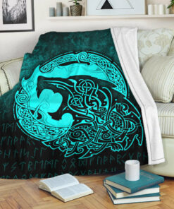 Viking Blanket Fenrir Viking 3D Tattoo Cyan Version Sherpa Fleece Blanket Gifts for Viking Lovers