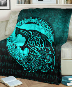 Viking Blanket Fenrir Viking 3D Tattoo Cyan Version Sherpa Fleece Blanket Gifts for Viking Lovers