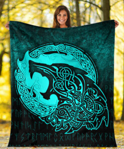 Viking Blanket Fenrir Viking 3D Tattoo Cyan Version Sherpa Fleece Blanket Gifts for Viking Lovers