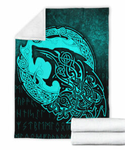 Viking Blanket Fenrir Viking 3D Tattoo Cyan Version Sherpa Fleece Blanket Gifts for Viking Lovers
