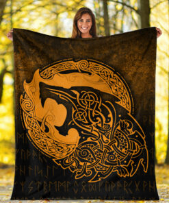 Viking Blanket Fenrir Viking 3D Tattoo Gold Version Sherpa Fleece Blanket Gifts for Viking Lovers