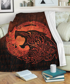 Viking Blanket Fenrir Viking 3D Tattoo Orange Version Sherpa Fleece Blanket Gifts for Viking Lovers