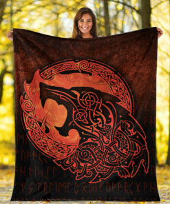 Viking Blanket Fenrir Viking 3D Tattoo Orange Version Sherpa Fleece Blanket Gifts for Viking Lovers