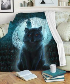 Viking Blanket Fenrir Viking Wolf Cyan Version Sherpa Fleece Blanket Gifts for Viking Lovers