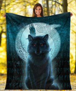 Viking Blanket Fenrir Viking Wolf Cyan Version Sherpa Fleece Blanket Gifts for Viking Lovers