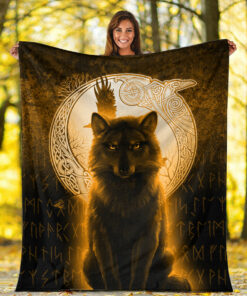 Viking Blanket Fenrir Viking Wolf Gold Version Sherpa Fleece Blanket Gifts for Viking Lovers