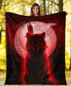 Viking Blanket Fenrir Viking Wolf Red Version Sherpa Fleece Blanket Gifts for Viking Lovers