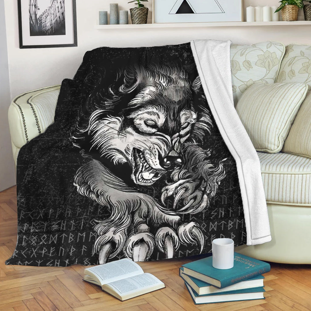 Viking Blanket Fenrir Wolf Lead Sherpa Fleece Blanket Gifts for Viking Lovers
