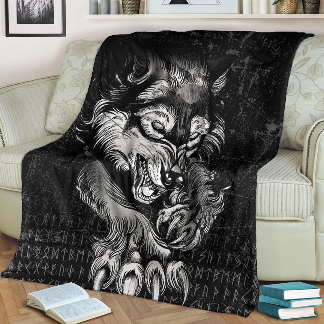 Viking Blanket Fenrir Wolf Lead Sherpa Fleece Blanket Gifts for Viking Lovers